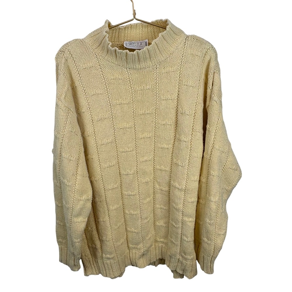 80s Vintage Butter Yellow Cotton Popcorn Knit Mock Neck Sweater USA Small
